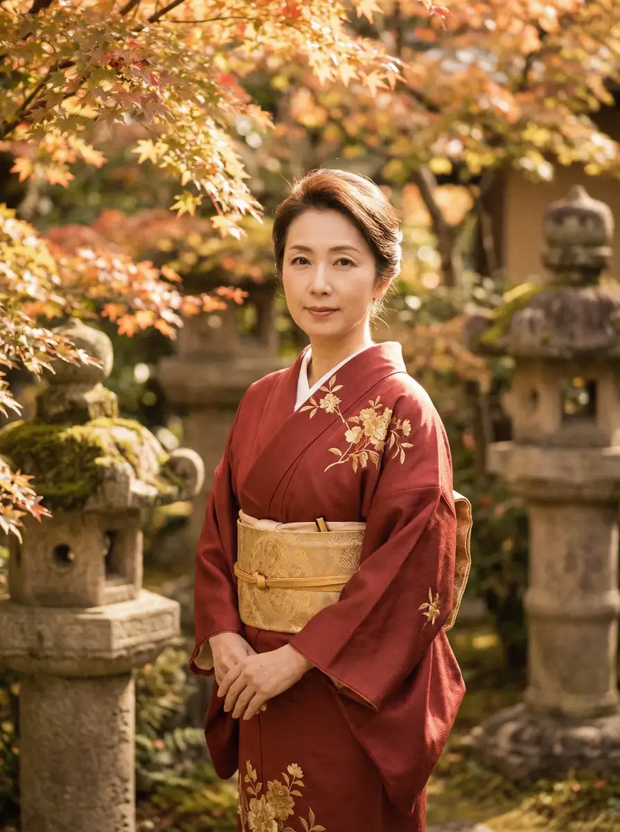一位身穿暗红色和服的优雅 绿椅子 韩国电影 在日式庭院中